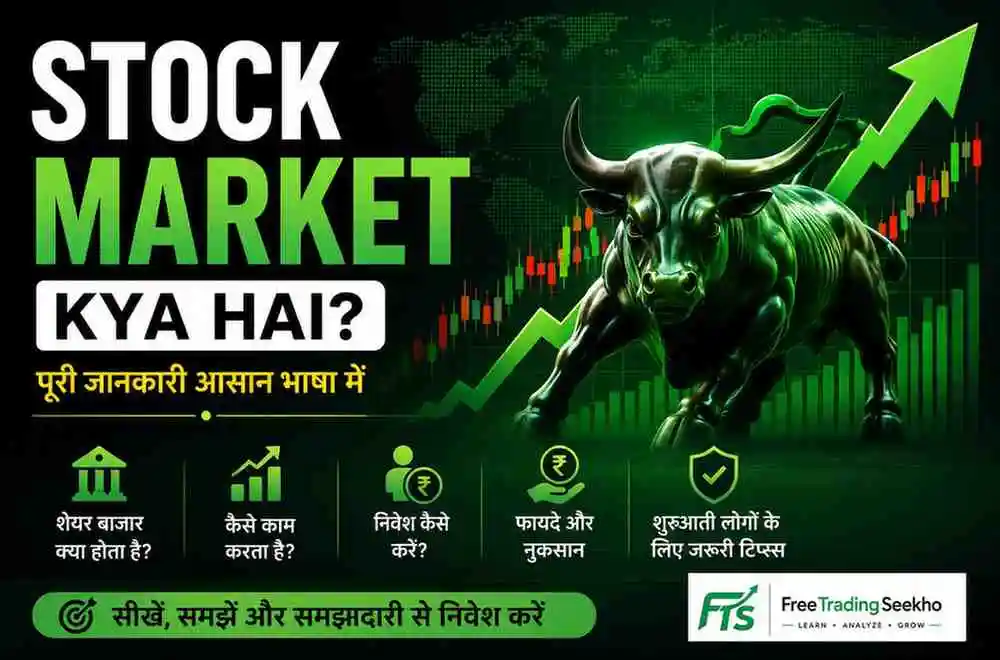 Stock Market Kya Hai? शेयर बाजार की पूरी जानकारी दर्शाता Free Trading Seekho का फीचर्ड इमेज जिसमें बुल, कैंडलस्टिक चार्ट और स्टॉक मार्केट ग्रोथ दिखाई गई है।