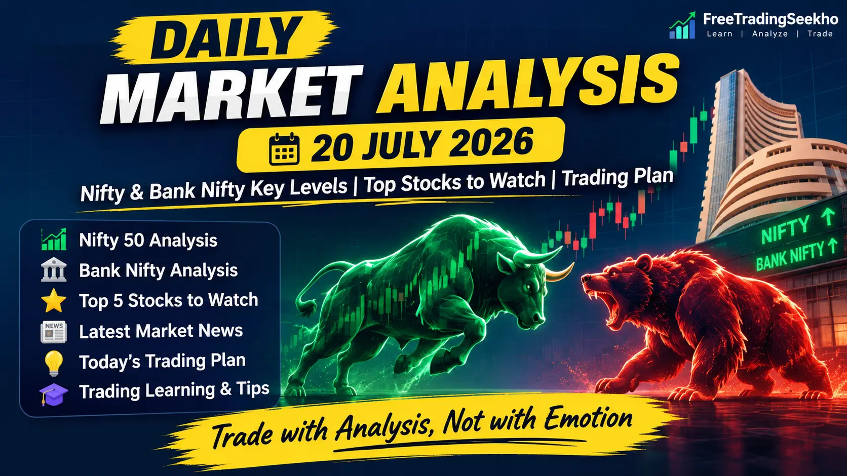 Daily Market Analysis 20 July 2026 featuring Nifty and Bank Nifty key levels, top stocks to watch, market news and trading plan by FreeTradingSeekho.