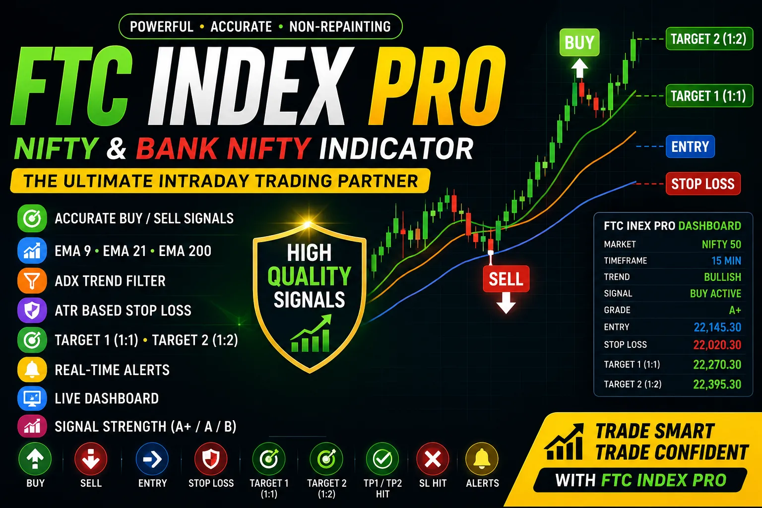 FTC INDEX PRO Indicator showing BUY, SELL, Entry, Stop Loss, Target 1 (1:1), Target 2 (1:2) for Nifty and Bank Nifty TradingView charts.